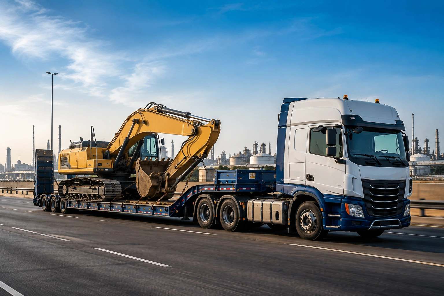 Heavy machinery transportation using low bed trailer in the UAE