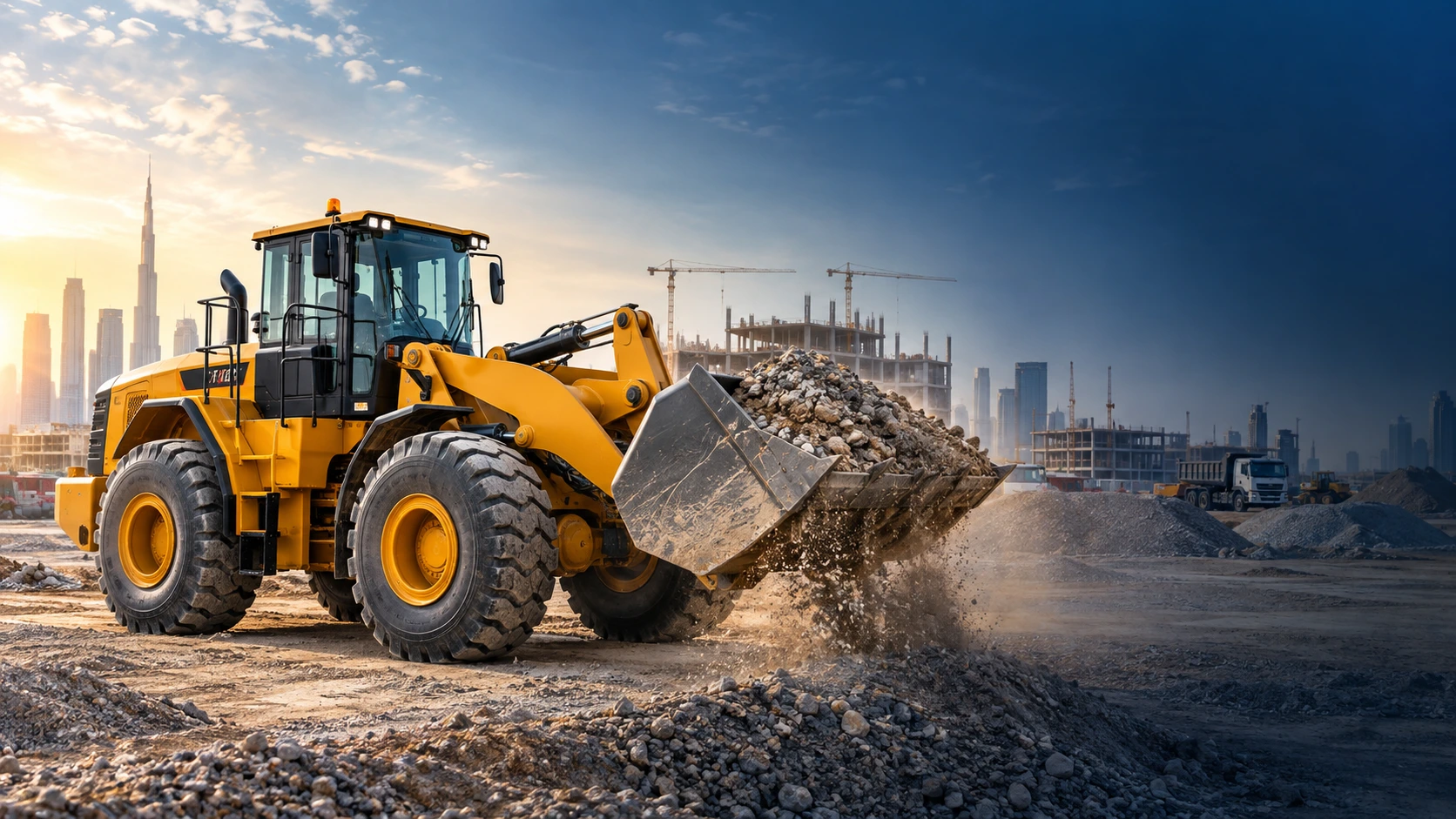 Wheel loader loading construction materials at a UAE construction project