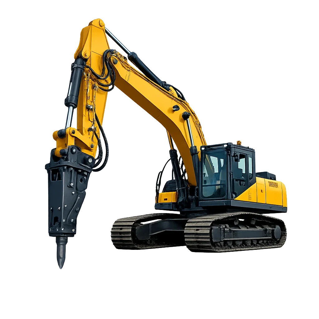 Hydraulic breaker excavator in UAE performing concrete demolition and rock breaking for construction, mining, and infrastructure projects.